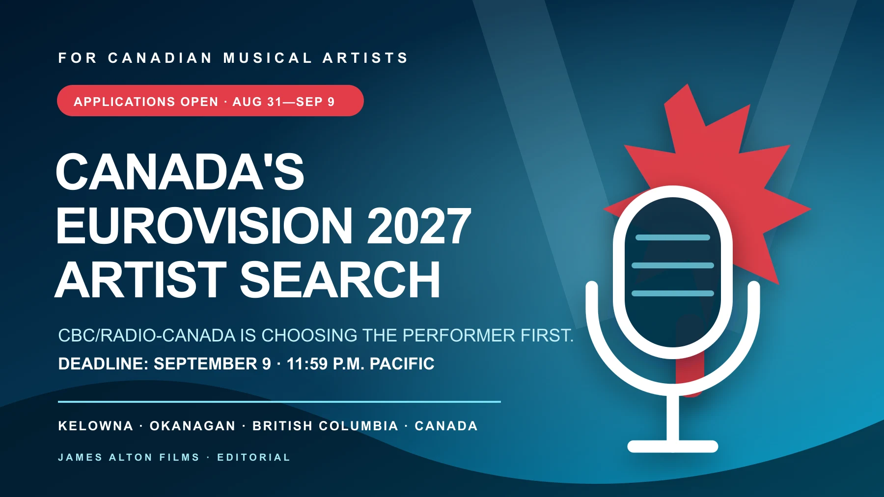 Original editorial graphic for Canada's Eurovision 2027 artist search, with a microphone and the September 9 application deadline.