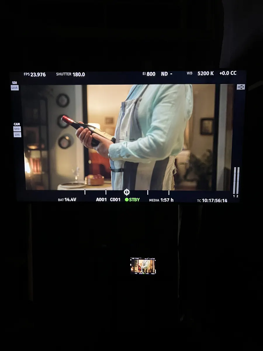 Monitor view of a composed Blood Brothers frame during production.