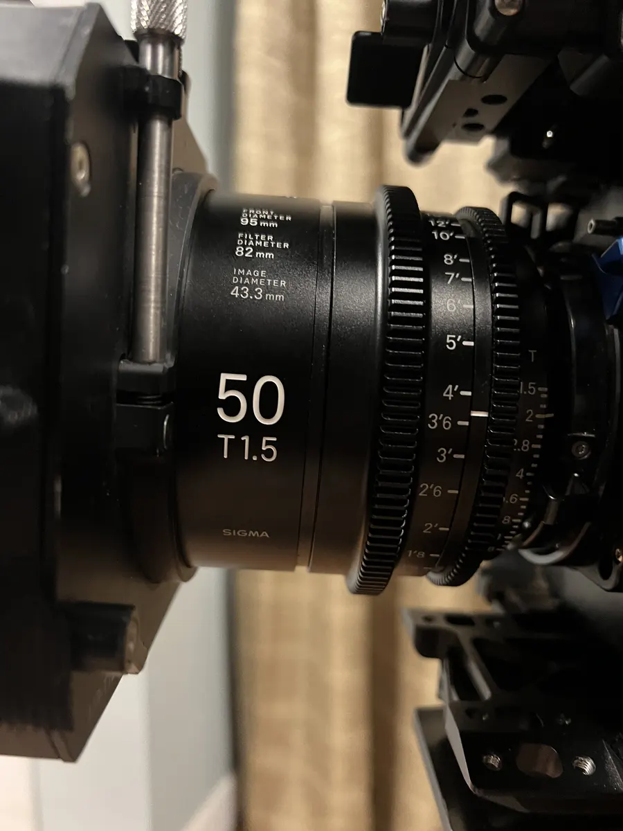 Close BTS detail of a Sigma cinema lens used during Blood Brothers.