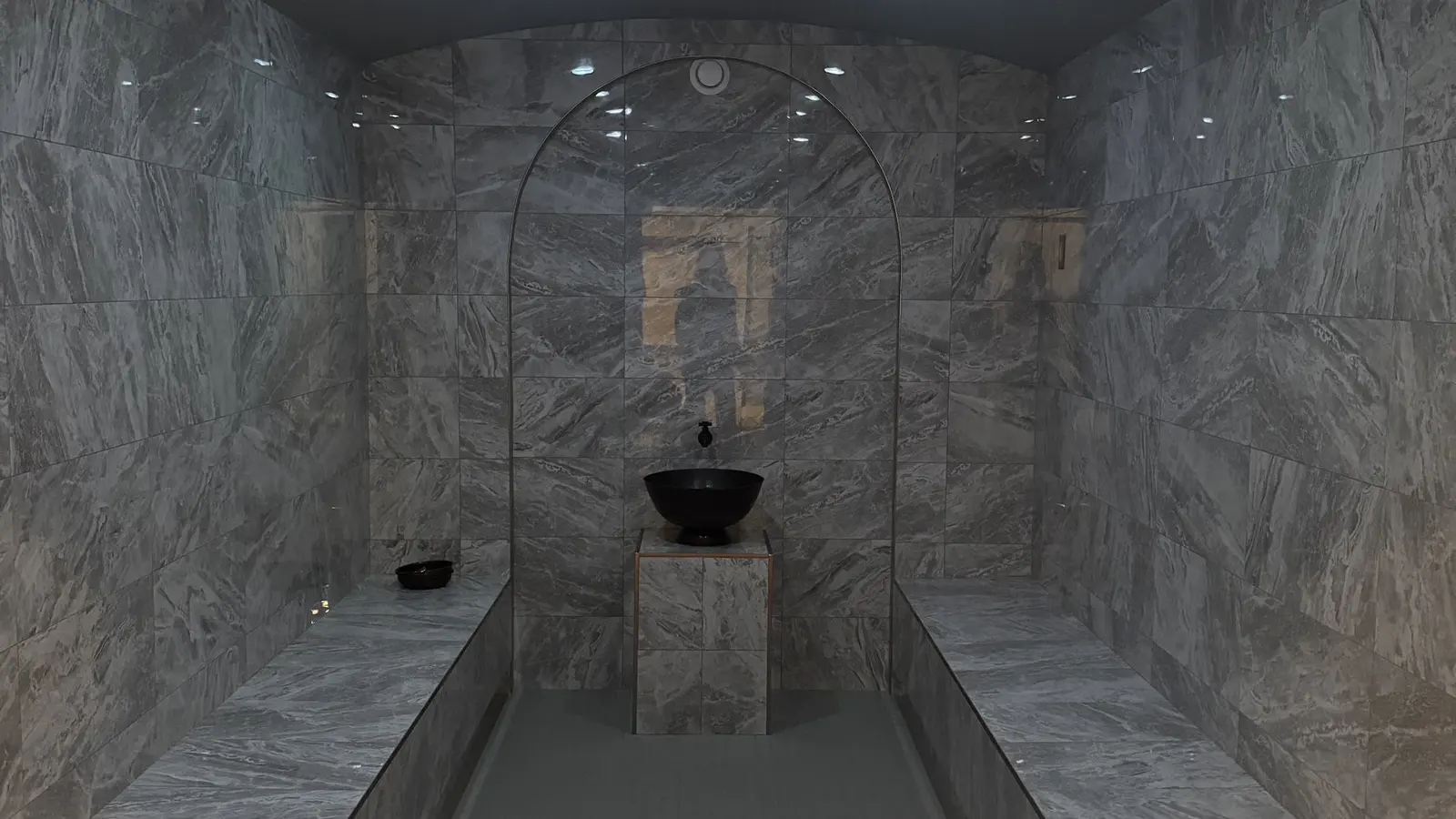 Marble thermal room inside Cleopatra's Rituals before filming.
