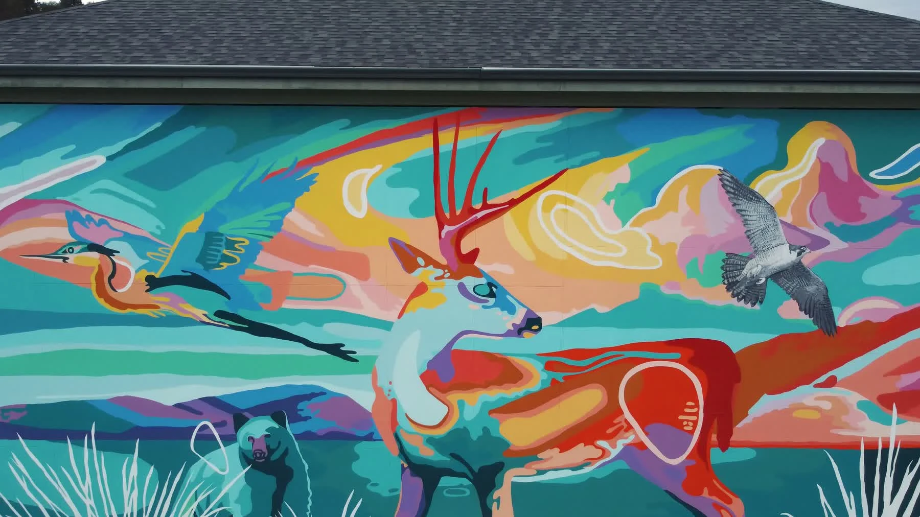The finished Gratitude mural covers the wall of Winfield Memorial Hall with colourful Okanagan wildlife and landscape.