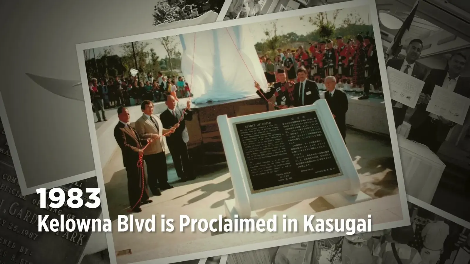 A photograph collage reads 1983 Kelowna Boulevard is Proclaimed in Kasugai.