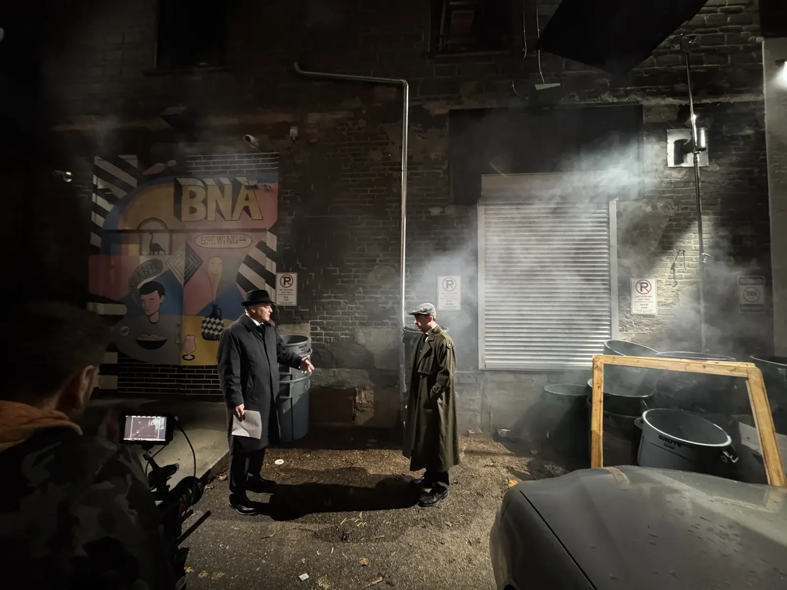 Night exterior smoke, camera and lighting setup during Last of a Dying Breed